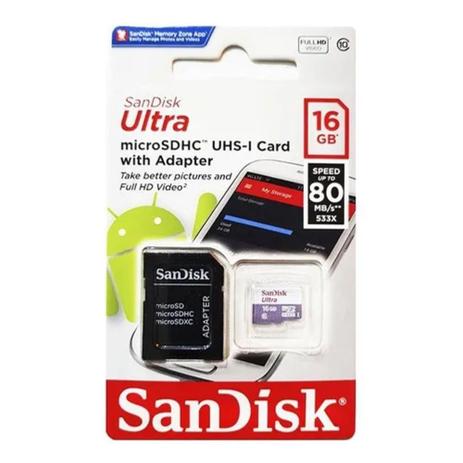 Cartão de Memória Micro SD 16GB 80mb/s Ultra Classe 10 SD - Sandisk Menor preço em Cartão de Memória Micro SD 16GB 80mb/s Ultra Classe 10 SD - Sandisk