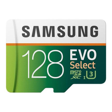 Cartão de memória microSDXC 128GB Samsung EVO Select (Classe 10, UHS-I, c/ Adaptador, 100/60MBs R/W) - MB-ME128HA Menor preço em Cartão de memória microSDXC 128GB Samsung EVO Select (Classe 10, UHS-I, c/ Adaptador, 100/60MBs R/W) - MB-ME128HA