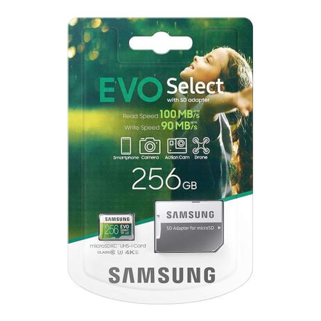 Cartão de memória microSDXC 256GB Samsung EVO Select (Classe 10, UHS-I, c/ Adaptador, 100/90MBs R/W) - MB-ME256HA Menor preço em Cartão de memória microSDXC 256GB Samsung EVO Select (Classe 10, UHS-I, c/ Adaptador, 100/90MBs R/W) - MB-ME256HA