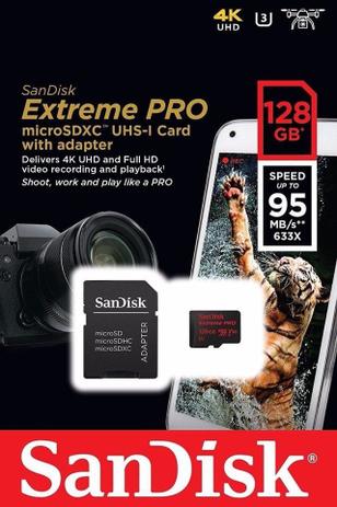 Cartão de memória MicroSDXC SanDisk 128GB Extreme Pro Classe 10 UHS-3 100MB/s 4k Menor preço em Cartão de memória MicroSDXC SanDisk 128GB Extreme Pro Classe 10 UHS-3 100MB/s 4k
