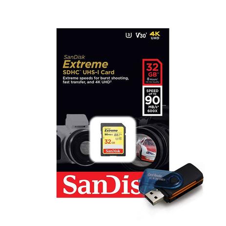 Cartão de Memória SDHC SanDisk 32GB Extreme 90MB + Leitor 15 em 1 Menor preço em Cartão de Memória SDHC SanDisk 32GB Extreme 90MB + Leitor 15 em 1