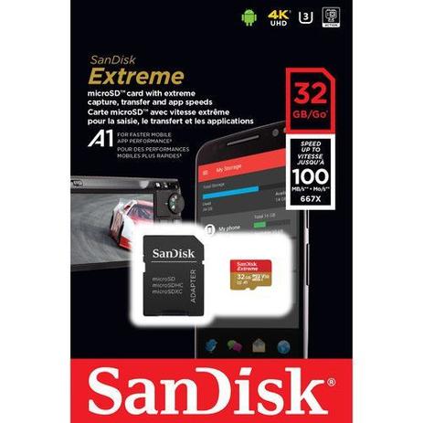 Cartão MicroSDHC Sandisk 32GB Classe 10 Extreme A1 100MB/s Menor preço em Cartão MicroSDHC Sandisk 32GB Classe 10 Extreme A1 100MB/s