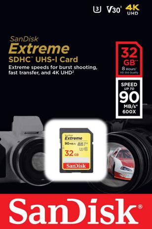 Cartão SDHC Sandisk 32GB Classe 10 Extreme 90MB/s Menor preço em Cartão SDHC Sandisk 32GB Classe 10 Extreme 90MB/s
