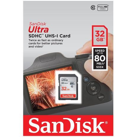 Cartão SDHC Sandisk 32GB Classe 10 Ultra 80MB/s Menor preço em Cartão SDHC Sandisk 32GB Classe 10 Ultra 80MB/s