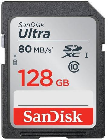 Cartão SDXC Sandisk 128GB Classe 10 Ultra 80MB/s Menor preço em Cartão SDXC Sandisk 128GB Classe 10 Ultra 80MB/s