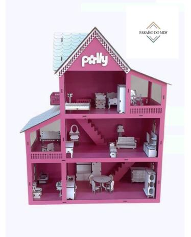 Casinha Casa de Boneca Barbie Polly Pintada 25 Móveis Madeira Mdf