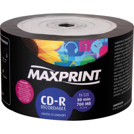 CD-R Gravável-C/50 Unidades - 1x-52x, 80min, 700mb-Printable - Maxprint Menor preço em CD-R Gravável-C/50 Unidades - 1x-52x, 80min, 700mb-Printable - Maxprint