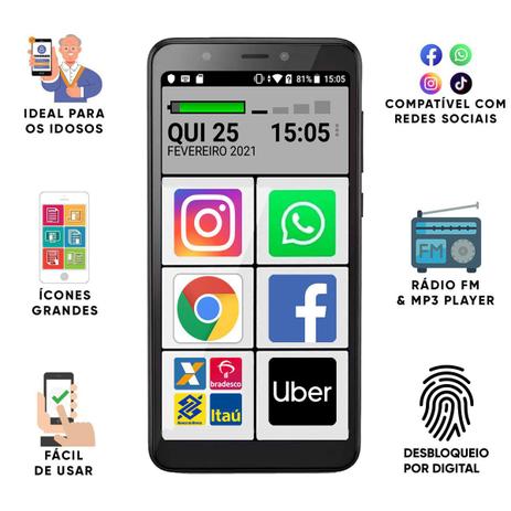 Celular Do Idoso Teclas Grandes 16gb Tela 5,5' Sos Biometria - Multilaser Menor preço em Celular Do Idoso Teclas Grandes 16gb Tela 5,5' Sos Biometria - Multilaser
