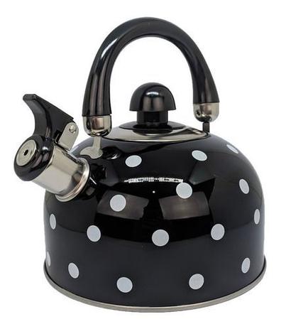 Chaleira Aço Inox 2,5L Poá Preta Com Apito e Alça Cozinha - MUNDIART Menor preço em Chaleira Aço Inox 2,5L Poá Preta Com Apito e Alça Cozinha - MUNDIART