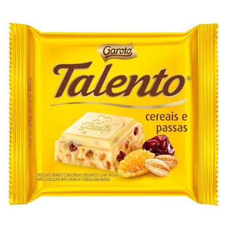 Chocolate Branco Talento Cereais e Passas 25g Garoto -