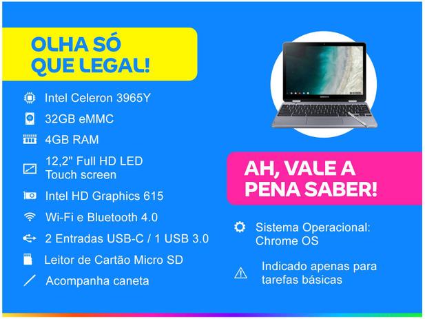Chromebook Plus 2 em 1 Samsung XE521QAB-AD1BR - Intel Celeron 4GB 32GB Touch Screen 12,2” Full HD