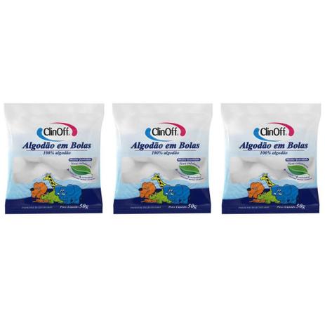 Clin Off Algodão Bolas Brancas 50g (Kit C/03) Menor preço em Clin Off Algodão Bolas Brancas 50g (Kit C/03)
