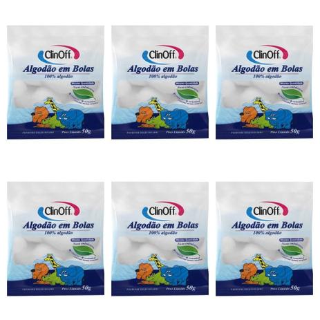 Clin Off Algodão Bolas Brancas 50g (Kit C/06) Menor preço em Clin Off Algodão Bolas Brancas 50g (Kit C/06)