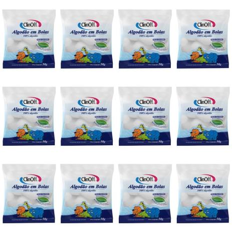 Clin Off Algodão Bolas Brancas 50g (Kit C/12) Menor preço em Clin Off Algodão Bolas Brancas 50g (Kit C/12)