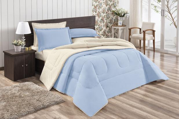Coberdrom Luxo Sherpa Percal 140 Fios Cama Casal Azul - Linda casa Menor preço em Coberdrom Luxo Sherpa Percal 140 Fios Cama Casal Azul - Linda casa
