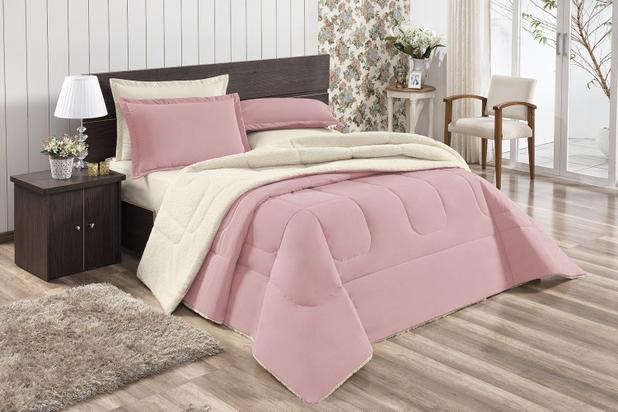 Coberdrom Luxo Sherpa Percal 140 Fios Cama Casal Rosa - Linda casa Menor preço em Coberdrom Luxo Sherpa Percal 140 Fios Cama Casal Rosa - Linda casa