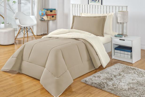 Coberdrom Sherpa Solteiro Edredom Felpudo Dupla Face Cáqui - Linda Casa Menor preço em Coberdrom Sherpa Solteiro Edredom Felpudo Dupla Face Cáqui - Linda Casa