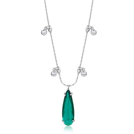 Colar longo com pontos de luz pendurados e gota verde folheado em ródio branco - Francisca joias contemporâneas Menor preço em Colar longo com pontos de luz pendurados e gota verde folheado em ródio branco - Francisca joias contemporâneas