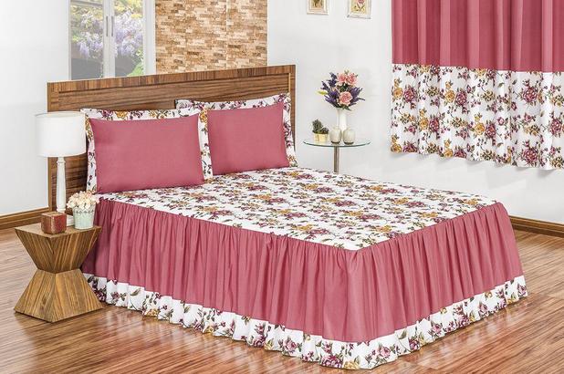Colcha Cama Queen Alice 3 Peças Estampada Babado Rosê - Linda casa Menor preço em Colcha Cama Queen Alice 3 Peças Estampada Babado Rosê - Linda casa