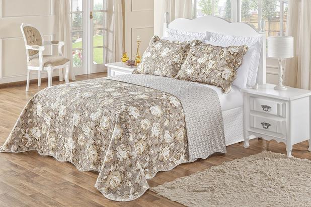 Colcha Casal Dupla Face Bouti - 03 Peças - Floral Cáqui - Decoramando é boa?