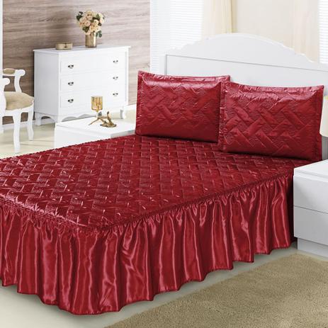 Colcha Casal Padrão Riviera c/ Babado Tecido Cetim Charmousse 3 Peças - Vermelho - Enxovais oliveira Menor preço em Colcha Casal Padrão Riviera c/ Babado Tecido Cetim Charmousse 3 Peças - Vermelho - Enxovais oliveira