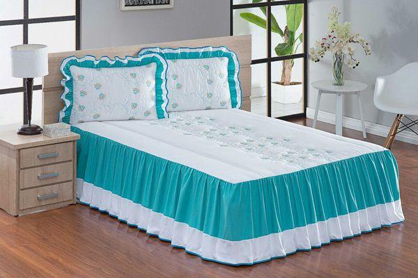 Colcha Casal Queen Coleção Tifanne 05 Peças- Branco com Verde Água - Vivart Menor preço em Colcha Casal Queen Coleção Tifanne 05 Peças- Branco com Verde Água - Vivart