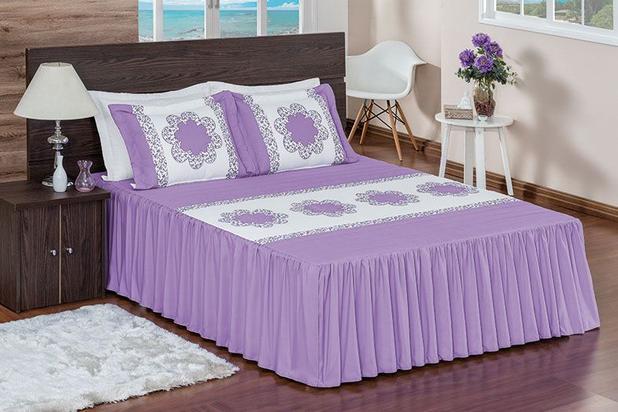Colcha Casal Queen Techonolight Com Babado e Aplicação 05 Peças - Lilás - Linho cia Menor preço em Colcha Casal Queen Techonolight Com Babado e Aplicação 05 Peças - Lilás - Linho cia