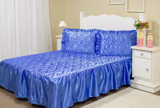 Colcha Mirela Re9casa Casal 03 Peças em Cetim - Cor Azul Menor preço em Colcha Mirela Re9casa Casal 03 Peças em Cetim - Cor Azul