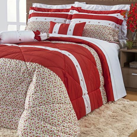 Colcha Queen Estampada 100 Algodão Natalie 5 Peças - Vermelho - Bernadete casa Menor preço em Colcha Queen Estampada 100 Algodão Natalie 5 Peças - Vermelho - Bernadete casa