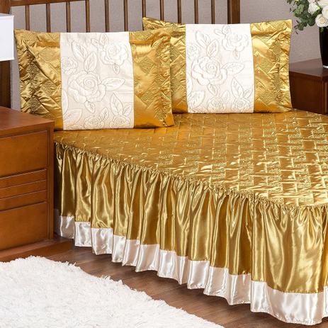 Colcha Rosas Casal Cetim Dourado com Refil 5 Peças - Aquarela enxovais Menor preço em Colcha Rosas Casal Cetim Dourado com Refil 5 Peças - Aquarela enxovais