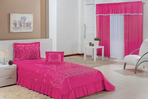 Colcha Solteiro Desejos kit 04 Peças acompanha Cortina- Pink - Bfinos Menor preço em Colcha Solteiro Desejos kit 04 Peças acompanha Cortina- Pink - Bfinos