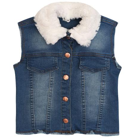Colete Jeans Infantil Feminino Momi Gola Pelo Menor preço em Colete Jeans Infantil Feminino Momi Gola Pelo