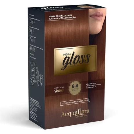 Coloração Hidra Gloss Louro Claro Acobreado 8.4 Acquaflora - ACQUAFLORA COSMÉTICOS Menor preço em Coloração Hidra Gloss Louro Claro Acobreado 8.4 Acquaflora - ACQUAFLORA COSMÉTICOS