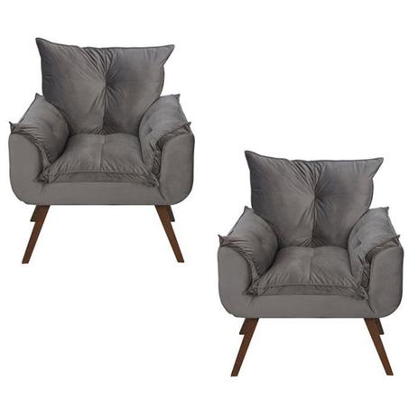 Combo 02 Poltronas Decorativa Opala com Pés Madeira Suede Cinza - Combo estofados Menor preço em Combo 02 Poltronas Decorativa Opala com Pés Madeira Suede Cinza - Combo estofados