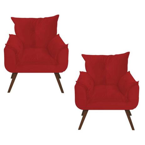 Combo 02 Poltronas Decorativa Opala com Pés Madeira Suede Vermelho - Combo estofados Menor preço em Combo 02 Poltronas Decorativa Opala com Pés Madeira Suede Vermelho - Combo estofados