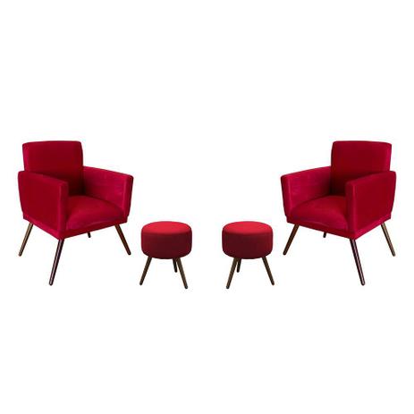 Combo 02 Poltronas Nina com Rodapé e 02 Puffs Redondo Pés Madeira Suede Vermelho - Poltrona nina Menor preço em Combo 02 Poltronas Nina com Rodapé e 02 Puffs Redondo Pés Madeira Suede Vermelho - Poltrona nina