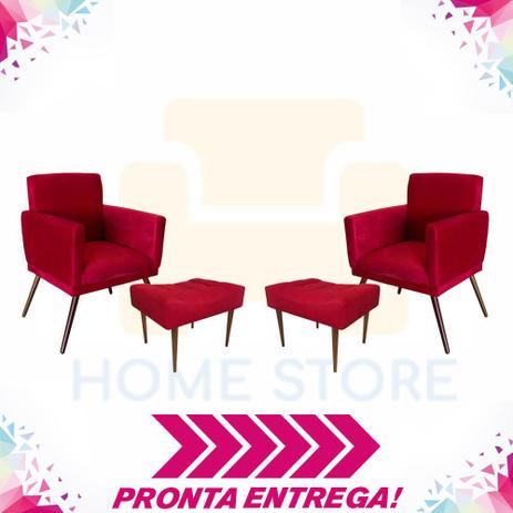 Combo 02 Poltronas Nina com Rodapé e 02 Puffs Retangular Pés Madeira Suede Vermelho - Poltrona nina Menor preço em Combo 02 Poltronas Nina com Rodapé e 02 Puffs Retangular Pés Madeira Suede Vermelho - Poltrona nina