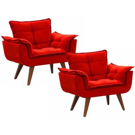 Combo 02 Poltronas Perola com Pés Madeira Suede Vermelho - Bolico estofados Menor preço em Combo 02 Poltronas Perola com Pés Madeira Suede Vermelho - Bolico estofados