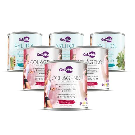Combo 03 Colágenos Em Pó Sabor Morango + 03 Xylitol Gelvitta Menor preço em Combo 03 Colágenos Em Pó Sabor Morango + 03 Xylitol Gelvitta