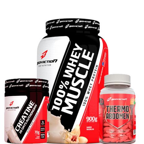 Combo 100 Whey Muscle 900g, Thermo Abdomem 120tabs, Creatina 20days 70g - Body Action - Baunilha Menor preço em Combo 100 Whey Muscle 900g, Thermo Abdomem 120tabs, Creatina 20days 70g - Body Action - Baunilha