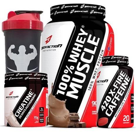 Combo - 100 Whey Muscle Chocolate 900g + X-FIRE 420 Cafeíina + Creatine - Body Action - Bodyaction Menor preço em Combo - 100 Whey Muscle Chocolate 900g + X-FIRE 420 Cafeíina + Creatine - Body Action - Bodyaction