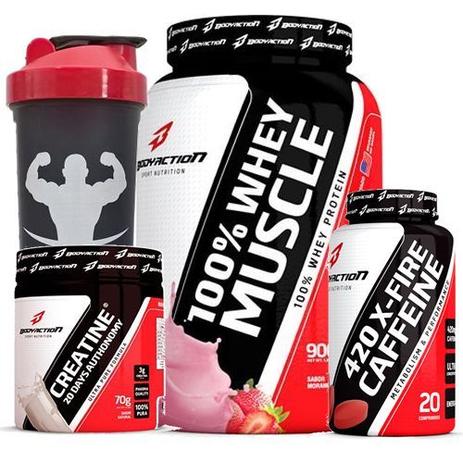 Combo - 100 Whey Muscle Morango 900g + X-FIRE 420 Cafeíina + Creatine - Body Action - Bodyaction Menor preço em Combo - 100 Whey Muscle Morango 900g + X-FIRE 420 Cafeíina + Creatine - Body Action - Bodyaction