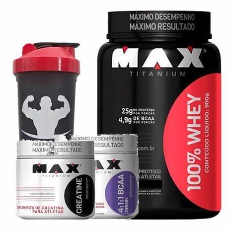 Combo - 100 Whey Protein 900g Vit.Frutas + BCAA 4:1:1 Uva + Creatine + Coqueteleira - Max Titanium Menor preço em Combo - 100 Whey Protein 900g Vit.Frutas + BCAA 4:1:1 Uva + Creatine + Coqueteleira - Max Titanium