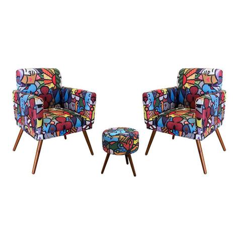 Combo 2 Poltronas Decorativa com 1 Puff Redondo Pés Madeira Suede Romero Britto - Combo estofados Menor preço em Combo 2 Poltronas Decorativa com 1 Puff Redondo Pés Madeira Suede Romero Britto - Combo estofados