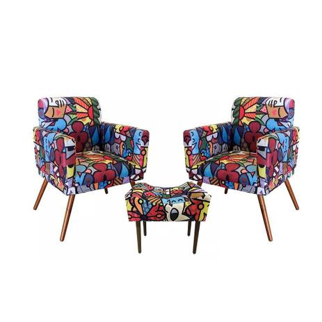 Combo 2 Poltronas Decorativa com 1 Puff Retangular Pés Madeira Suede Romero Britto - Combo estofados Menor preço em Combo 2 Poltronas Decorativa com 1 Puff Retangular Pés Madeira Suede Romero Britto - Combo estofados
