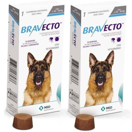 Combo 2 Unidades Antipulgas E Carrapatos Bravecto Para Cães De 20 A 40kg - Msd - Msd saúde animal Menor preço em Combo 2 Unidades Antipulgas E Carrapatos Bravecto Para Cães De 20 A 40kg - Msd - Msd saúde animal