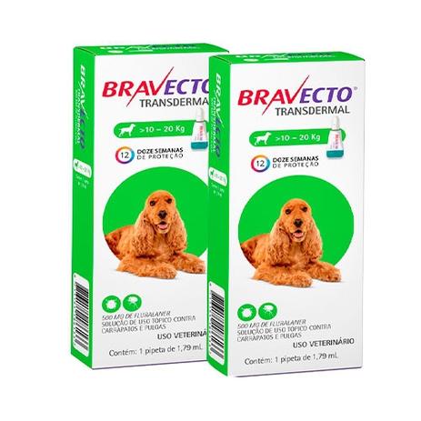 Combo 2 Unidades Bravecto Transdermal para Cães Antipulgas e Carrapatos 10 a 20kg - Msd Menor preço em Combo 2 Unidades Bravecto Transdermal para Cães Antipulgas e Carrapatos 10 a 20kg - Msd
