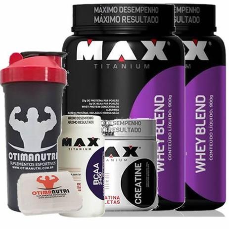 Combo 2 - Whey Blend 900g Morango + Creatina 150g + BCAA + Porta Caps + Coqueteleira - Max Titanium Menor preço em Combo 2 - Whey Blend 900g Morango + Creatina 150g + BCAA + Porta Caps + Coqueteleira - Max Titanium