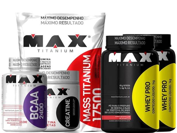 Combo 2 Whey Pro + Bcaa + Creatina + Mass Coqueteleira - Max - Max titanium Menor preço em Combo 2 Whey Pro + Bcaa + Creatina + Mass Coqueteleira - Max - Max titanium