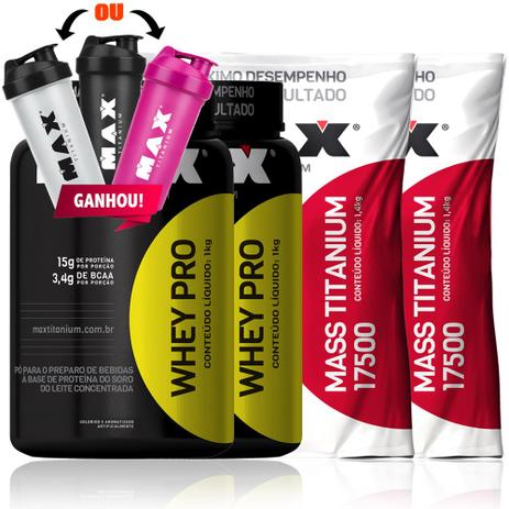 Combo - 2x Hipercalórico 17500 + 2x Whey Pro - Max Titanium Menor preço em Combo - 2x Hipercalórico 17500 + 2x Whey Pro - Max Titanium